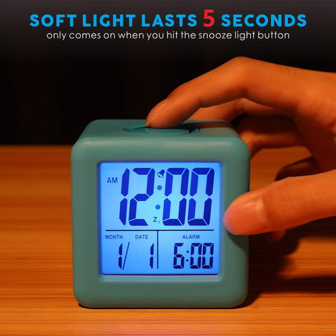 Plumeet Digital Alarm Clock for Kids, Snooze and Nightlight, Easy Setting Silicone Clock, Battery Powered (Blue)