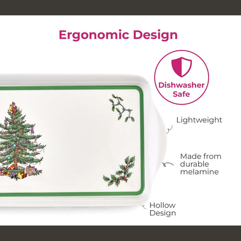 Spode Christmas Tree Sandwich Tray, 15" x 6.5", Decorative Serving Platter for Appetizers, Festive Melamine Dish