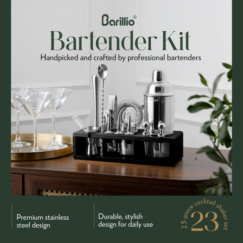 Barillio Silver Bartender Kit - Stainless-Steel Cocktail Shaker Set with Black Bamboo Stand - 23-Pc Mixology Bar Tools