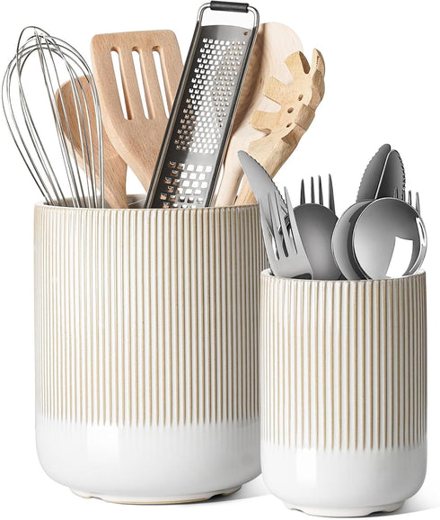 LE TAUCI Utensil Holder, 7.3"+5.4" Ceramic Kitchen Utensil Holder for Countertop, Set of 2, Arctic White, Boho