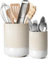 LE TAUCI Utensil Holder, 7.3"+5.4" Ceramic Kitchen Utensil Holder for Countertop, Set of 2, Arctic White, Boho