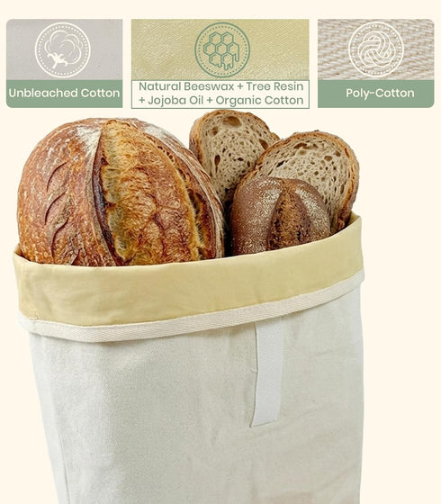 2Pack, 16.5x12.5in Set Hook&Loop Cotton Bread Bag with Beeswax Lining Unbleached Cloth Bees Wax Lined Storage Bags