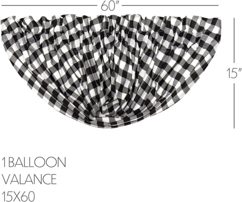 VHC Brands Annie Buffalo Check Cotton Farmhouse Kitchen Curtains Rod Pocket Balloon Valance, 15x60, Black
