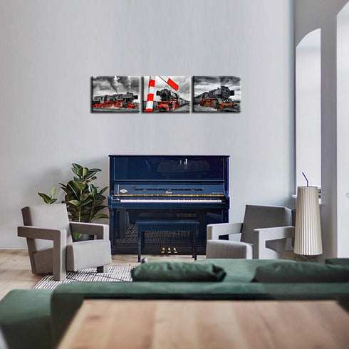 3 12x16inchx3pcs iKNOW FOTO Piece Canvas Wall Art Black and Red Steam Locomotive Train Poster Pritns Old Vintage Steam