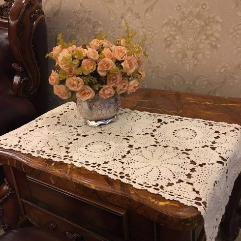 USTIDE 2pc Rustic Floral Table Runner Hand Crochet Placemats, 15 x 31 Inches, Beige Cotton Doilies Runners