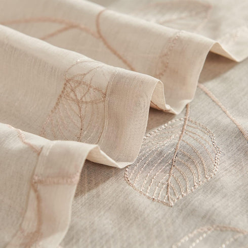 Topick Beige Sheer Leaf Curtain Kitchen Valance for Windows, Leaf Embroidered Voile Small Curtain 16 Inch