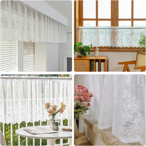 Molaxhome White Lace Valances for Windows, 51x16inch, Semi Sheer Curtain for Kitchen Cafe
