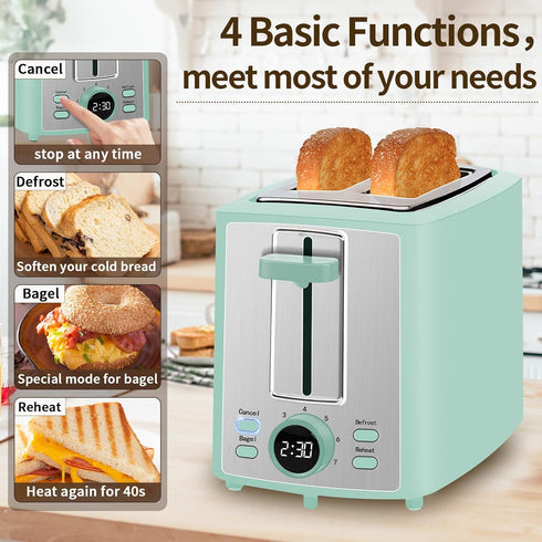 SEEDEEM 2 Slice Toaster with LCD Display, 7 Shade Settings, 1.4'' Extra Wide Slots, Cancel, Bagel, Defrost Functions,