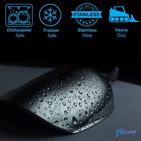 Ice Scoop with Holes. Stainless Steel Ice Scoop with Drain Holes to Reduce Unwanted Dilution. Heavy Duty and Dishwasher Safe. Six Ounce Capacity.