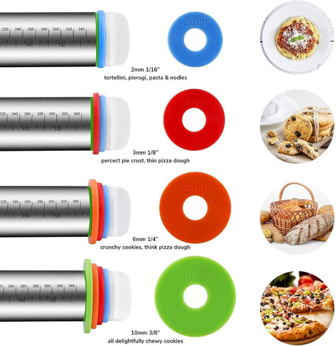 Stainless Steel Rolling Pin and Silicone Mat Set, Adjustable Thickness Rings for Baking Dough, Pizza, Pastries