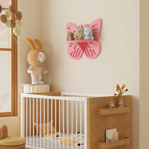 Pink Butterfly Shaped Floating Shelf for Girls Room, Cute Wall Display Rack for Nursery Decor, Small Decorative Shelf