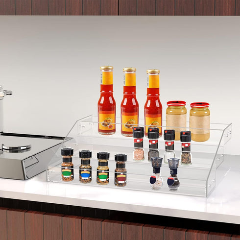 PMMASTO Countertop, 3 Widen Tiered Spice Rack, Seasoning Organizer, Clear Acrylic Vertical Shelves Can Organizer