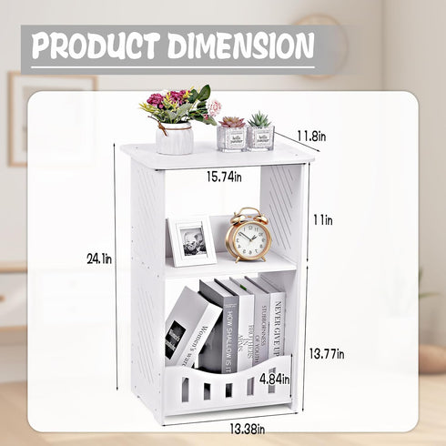 Wensdr 3 Tier Side Table Night Stand, Narrow End Table with Storage Shelf, Extended Desktop & Solid Structure, Small