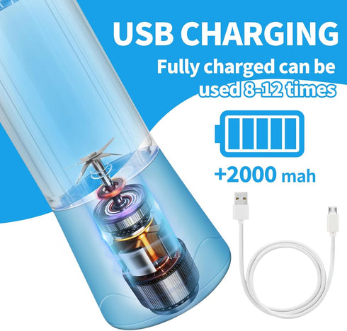 Portable Personal Blender for Shakes and Smoothies, USB Rechargeable Mini Juicer, 380ML Travel Bottles (Blue)