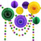 Decor365 Glitter Circle Garlands Banner, Gold Purple Green Mardi Gras Party Decorations, Hanging Paper Fan Tissue