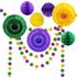 Decor365 Glitter Circle Garlands Banner, Gold Purple Green Mardi Gras Party Decorations, Hanging Paper Fan Tissue
