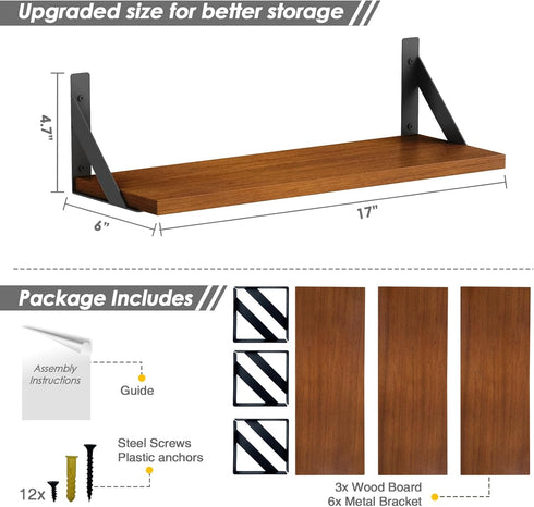 Forbena Walnut Brown Wall Bookshelf for Bedroom, Wooden Floating Book Shelves for Office, Small Wall Shelving Unit