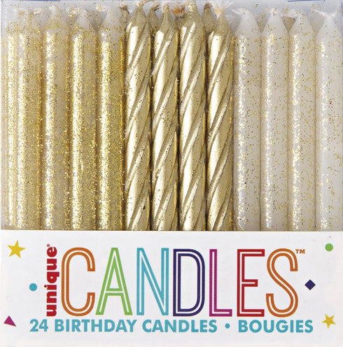 Dazzling Glitter & Gold Spiral Birthday Candles, 24ct Assorted Pack, Premium Quality, Long-Lasting Design