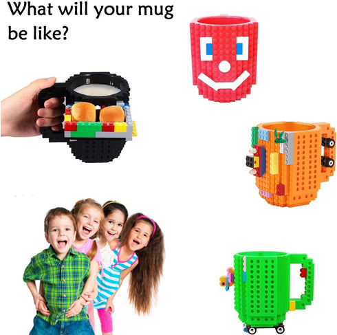 Build on Brick Coffee Mugs, Creative DIY Kids Party Cups with Building Blocks, Fun Gifts for Kids and Adults, Blue