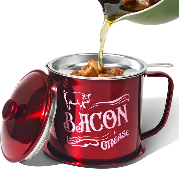 QMET 1.3L Bacon Grease Saver Container with Fine Mesh Strainer,Stainless Steel Oil Keeper