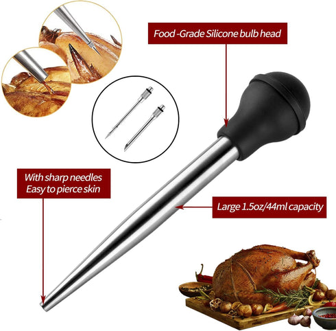 JY COOKMENT Stainless Steel Turkey Baster – Baster Syringe Set with Marinade Needles and Cleaning Brush