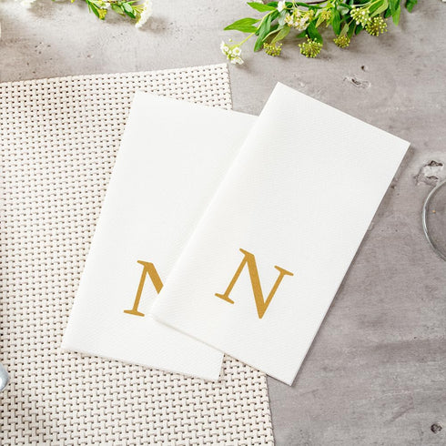 15.8 7.9 Inch 50 Luxenap X Linen-Feel Guest Towels, Lettered Hand Towels - Gold Letter 'N', Sans Serif Font, White
