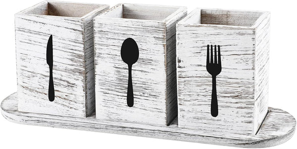 Kathfly 4 Pcs Silverware Caddy Utensil Holder - Countertop Organizer with Wood Tray for Kitchen Parties (Retro White)