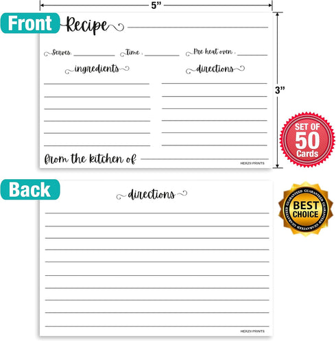 Double Sided Recipe Cards 3x5 Inches, 50 Counts Durable Easy Typing - Minimal Modern (White)
