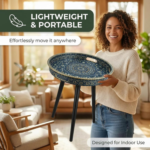 13" 3 Zosenley Small Round Side Table with Boho Mandala Pattern Tray - Vintage Navy Blue Tripod End Table