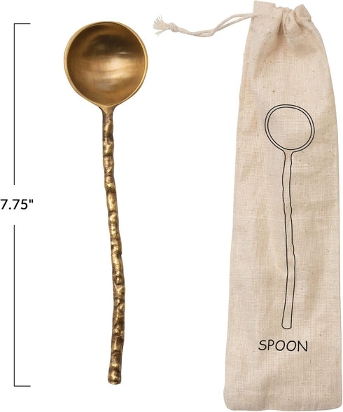 Bloomingville Brass Spoon with Hammered Handle, Printed Drawstring Bag