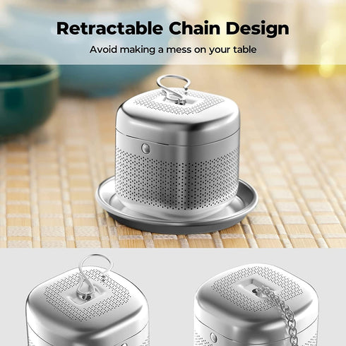 Reinmoson 2 Pack Tea Balls for Loose Tea, 304 Stainless Steel Infusers with Retractable Chain & 2 Drip Trays