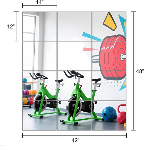 Ruomeng 14" 12" 12Pcs Gym Mirror Tiles - x x Wall Mounted Mirror Glass Frameless Full Length Mirror Tiles for Home Gym