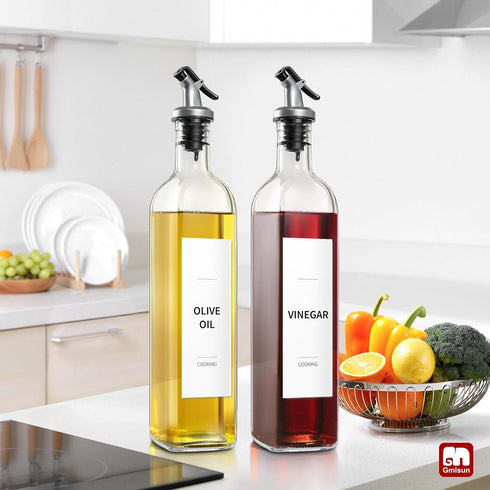 GMISUN Olive Oil and Vinegar Dispenser Bottle Set, 2Pack 17oz Kitchen Glass Bottles with Funnel and Labels