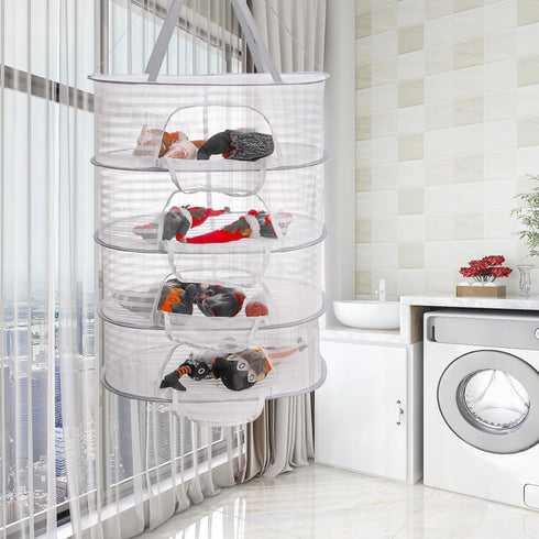 4 Coloch Layer Herb Drying Rack with Zipper, Hanging Mesh Net Collapsible Food Drying Fish Net Hanging Basket Dryer Net