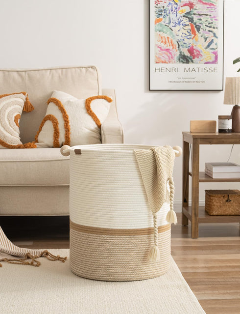 StorageWorks 72L Cotton Rope Laundry Basket with Wooden Beads Handles, Woven Storage for Clothes, White & Khaki