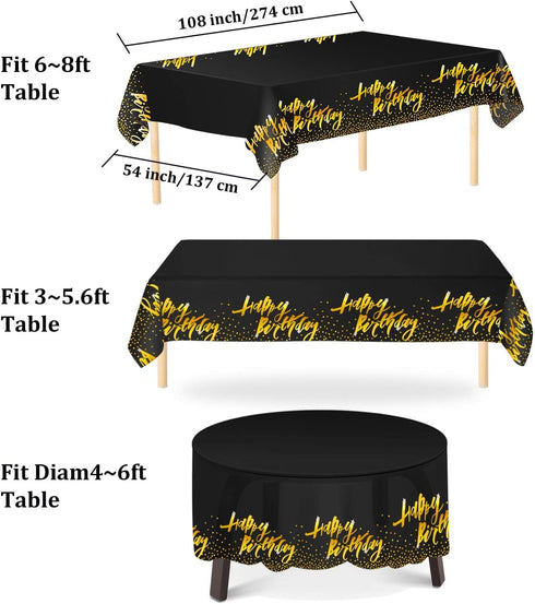 Aneco 2 Pack Happy Birthday Table Cloth Cover, Black Gold Party Tablecloth 54 x 108 Inches