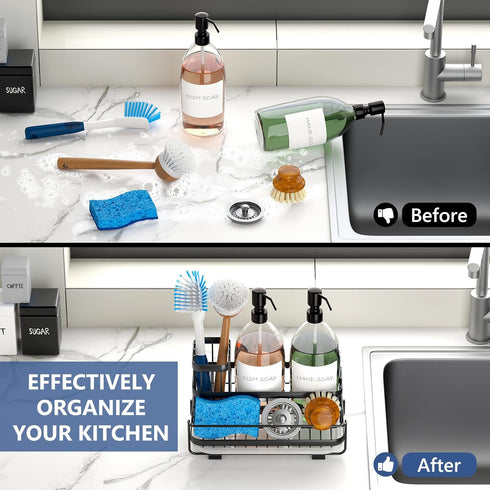 Trendy Sink Caddy Kitchen Organizer, Sponge Holder with Drain Tray, Rustproof Non-Slip Dish Soap Dispenser Rack (Matte