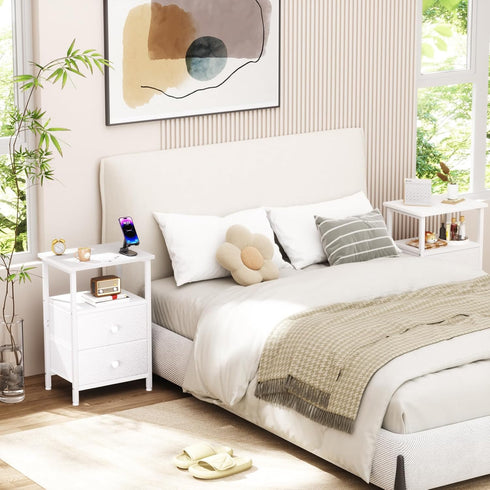 2 HETS002WP-1 LOAKEKEL Night Stand, Nightstand with Fabric Drawers for Bedroom, Small End Table with Open Storage Shelf