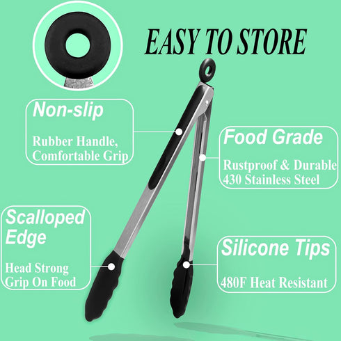 HST 3 Pack Tongs for Cooking with Silicone Tips, Non-Stick Kitchen Tongs for BBQ Baking (12", Black)