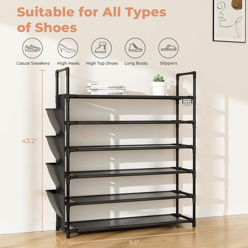 6 24-30 Closet, LANTEFUL Tier Shoe Rack, Shoe Organizer Storage for Pairs Shoe and Boot, Long Shoe Shelf with Hook