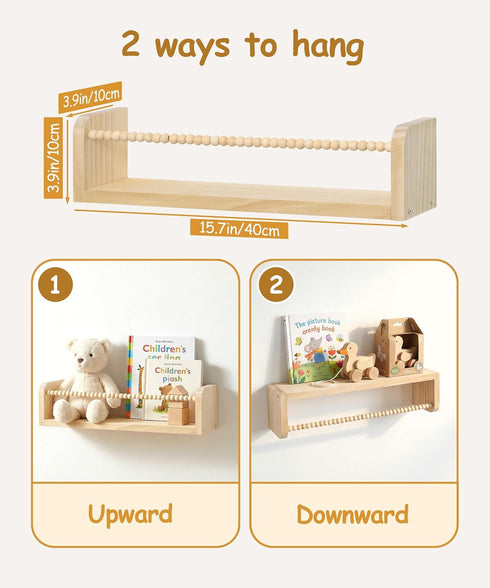 Set 3, Nursery Book Shelves for Wall of Natural Wood Bookshelves Wall Decor, Small Floating Shelf Organizer for Kids