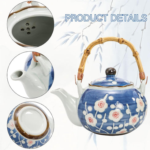 Set, 4 Japanese Tea Ceramic Floral Tea Pot and Pieces Cups with Infuser Bamboo Handle, Traditional Bone China Teapot
