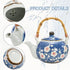 Set, 4 Japanese Tea Ceramic Floral Tea Pot and Pieces Cups with Infuser Bamboo Handle, Traditional Bone China Teapot