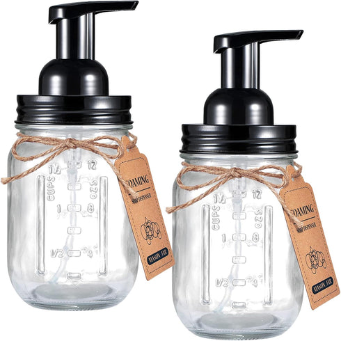 SheeChung Mason Jar Foaming Soap Dispenser, Rustproof Stainless Steel Lid & Pump, Glass for Bathroom Kitchen (2 pk)
