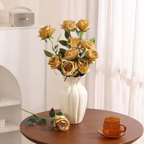 Veryhome 10 Pcs Gold Silk Roses - Artificial Bridal Wedding Bouquet, Real Touch Floral Decor for Christmas Party