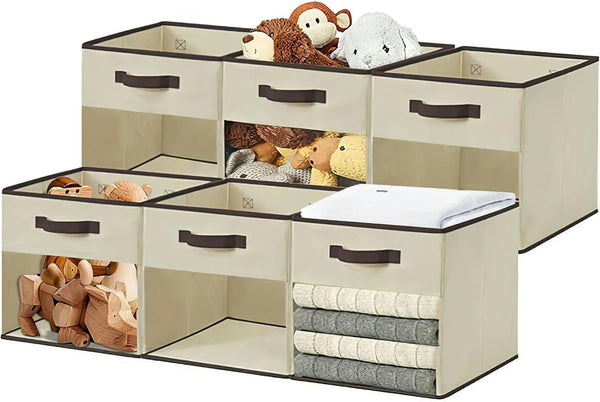 DECOMOMO 11 Inch Cube Storage Bins, Fabric Storage Bin with Clear Window for Clothes and Toy Organizers (6pcs, Beige)