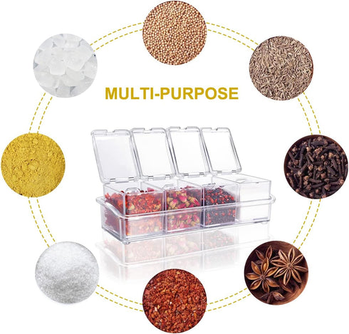 Clear Seasoning Box 4 PCS/Set, Acrylic Spice Rack with Spoon, Lid & Tray for Salt Pepper Sugar