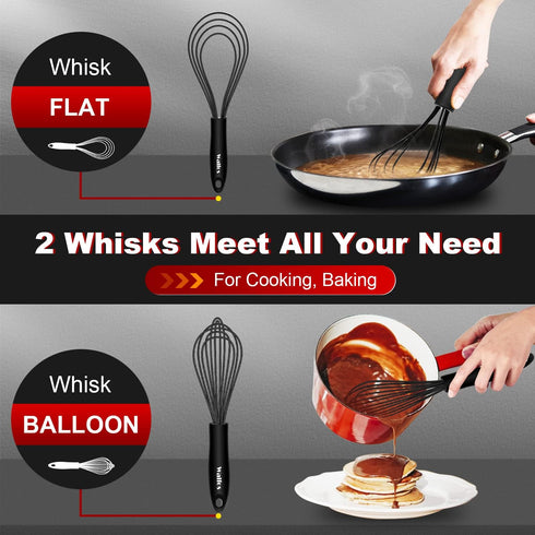 Walfos Whisk Combo, 11inch Flat Whisks and 10inch Balloon Whisk, Silicone Whisks for Cooking, Non Scratch Coated