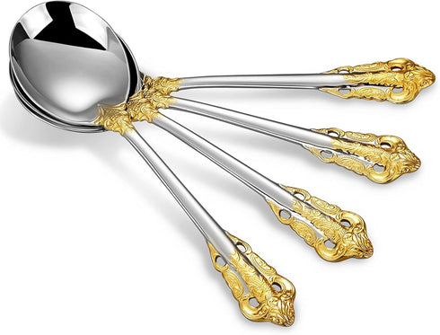 KEAWELL Gorgeous Round Soup Spoon, Set of 4, 18/10 Stainless Steel, Luxury Bouillon Spoon, Dishwasher Safe, Fine Mirror Polished (Gold Accent)