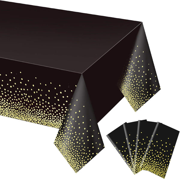 Gexolenu 4 Pack Black and Gold Plastic Tablecloths, 54" x 108" for Rectangle Tables, Party Covers for Graduation